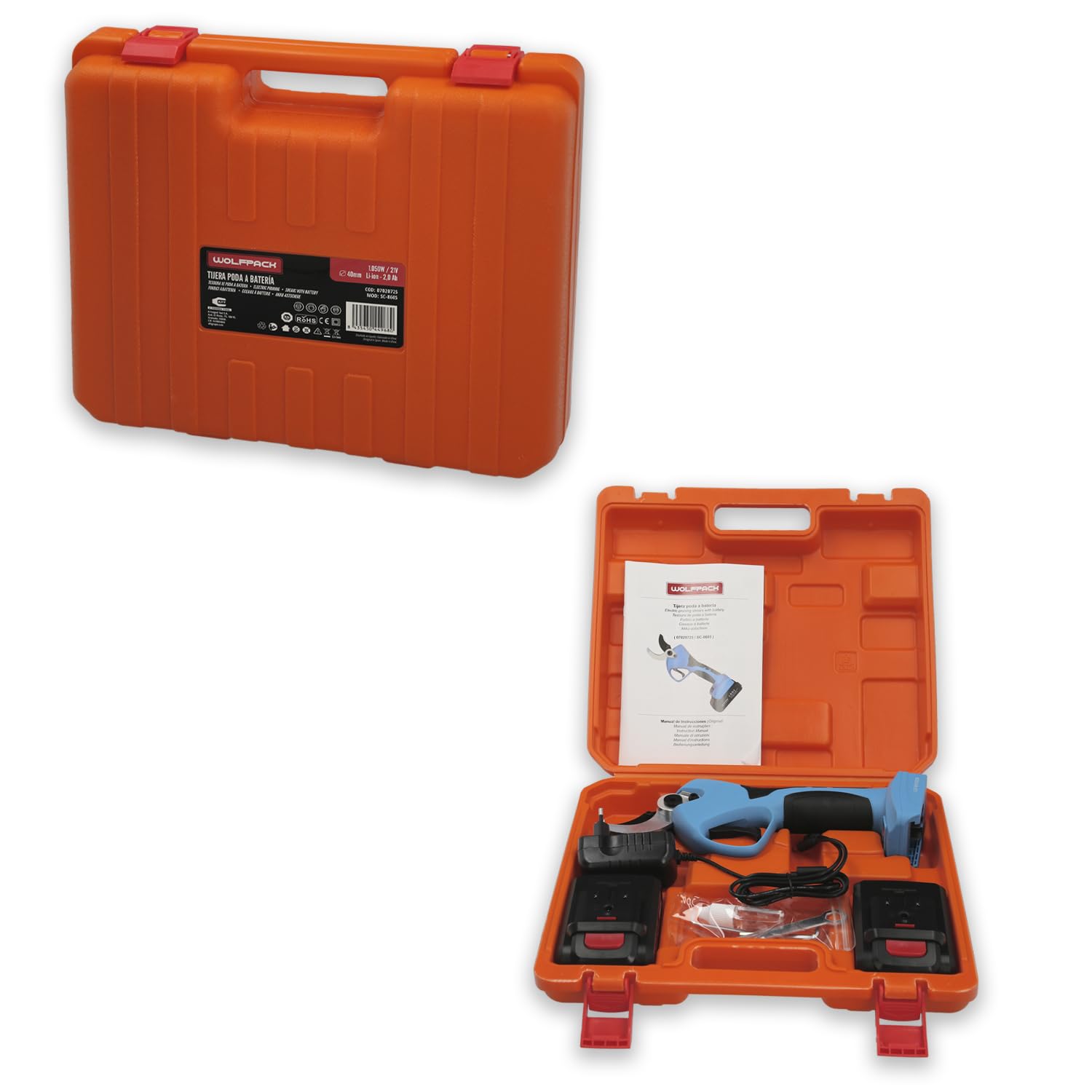 WOLFPACK LINEA PROFESIONAL Tijeras Podar A Bateria 21 Volt. Con 2 Baterias 2 A/h Mango Engomado, Ø Corte 40 mm.Con Maletín