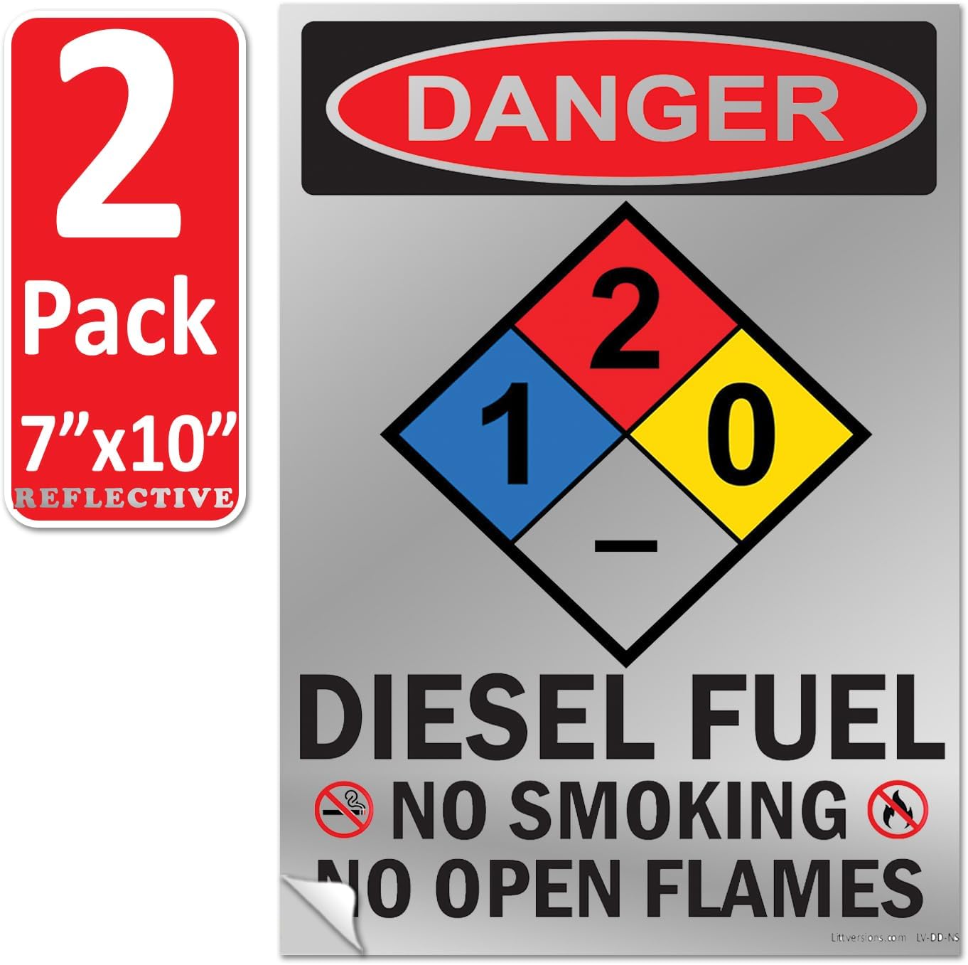 2 Pack 7"x10" Reflective Danger Diesel Fuel No Smoking No Open Flames OSHA Warning Safety Hazard Label Sign Decal 6 mil Laminated Engineer Grade UV Protected ANSI NFPA 123631