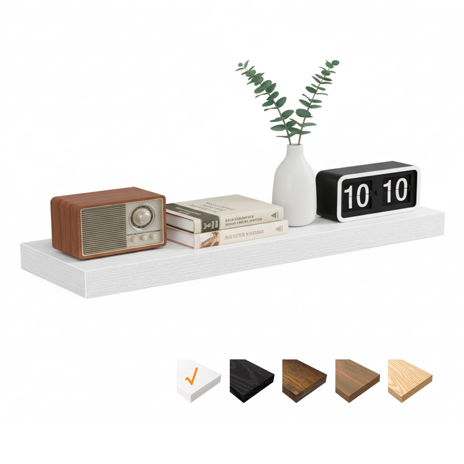 RICHER HOUSE White Floating Shelves for Wall, 80 x 23.5 x 3.8 cm Wooden Shelves, Wall Decor with Invisible Brackets for Bedroom, Living Room, Bathroom, Kitchen, Laundry, Office