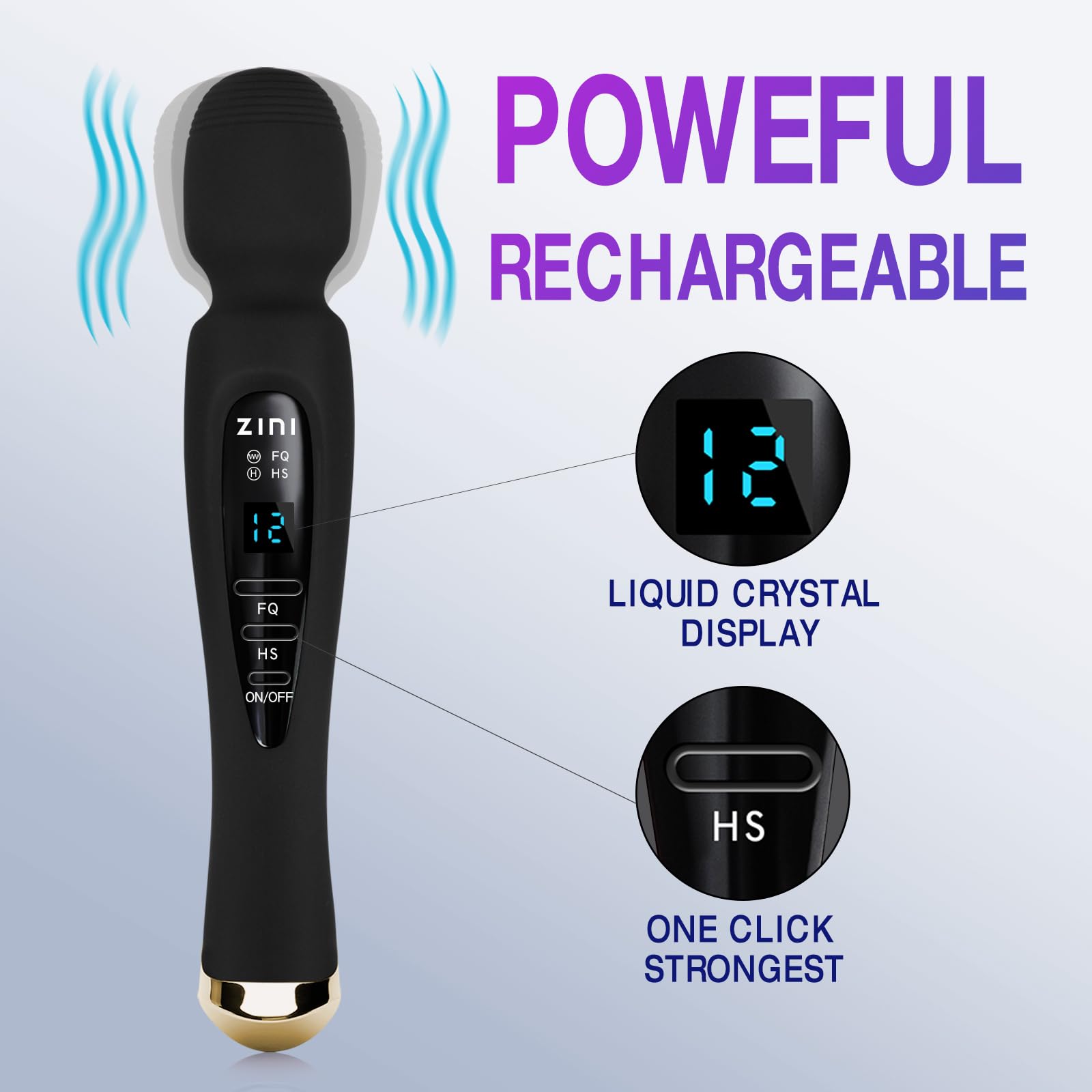 Kabelloses Massagegerät mit LCD-Display, persönliches Massagegerät zur Schmerzlinderung, leistungsstarker Massagestab mit 12 Vibrationen, Schwarz