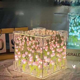 DIY Tulip Mirror Night Light, Cube Mirror Lamp with LED Tulips, Desktop Decor Pink
