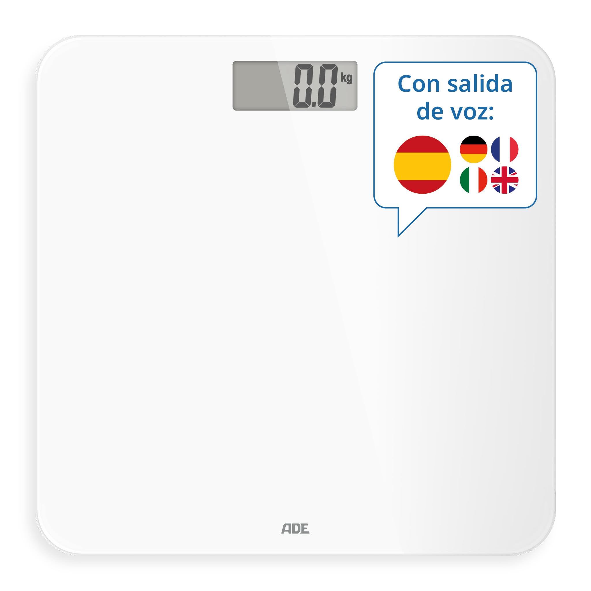 ADE Báscula personal parlante digital | salida de voz en 5 idiomas | ideal para invidentes, discapacitados visuales y personas mayores | pantalla muy grande | capacidad de carga muy alta de 250 kg