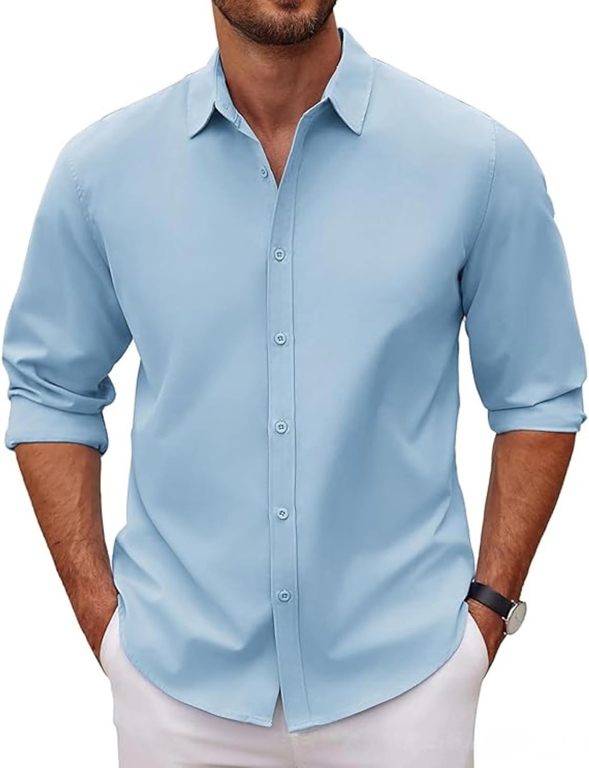 Men's Button Down Shirts Long Sleeve Casual Tops Wrinkle Free Solid Stretch Dress Shirt for Men, S-2XL