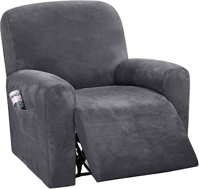 LINGKY 4-Pieces Recliner Sofa Covers Velvet Stretch Reclining Couch Covers for 1 Cushion Sofa Slipcovers Thick Soft Washable Furniture Covers with Elastic Bottom (Gray)
