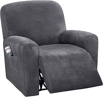 LINGKY 4-Pieces Recliner Chair Covers Velvet Stretch Armchair Covers With Side Pocket Thick Soft Washable Sofa Covers 1 Seater Replacement Furniture Protector Armchair, Gray