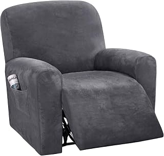 LINGKY 4-Pieces Recliner Chair Covers Velvet Stretch Armchair Covers With Side Pocket Thick Soft Washable Recliner Sofa Covers 1 Seater Replacement Furniture Protector (Armchair, Gray)