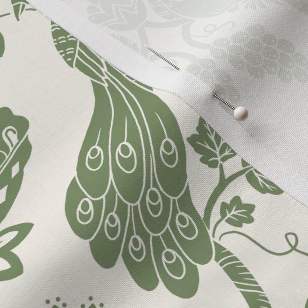 Spoonflower Fabric - Olive Sage Green Fruit Birds Victorian Peacock Seasonal Printed on Petal Signature Cotton Fabric by The Yard - Sewing Quilting Apparel Crafts Decor