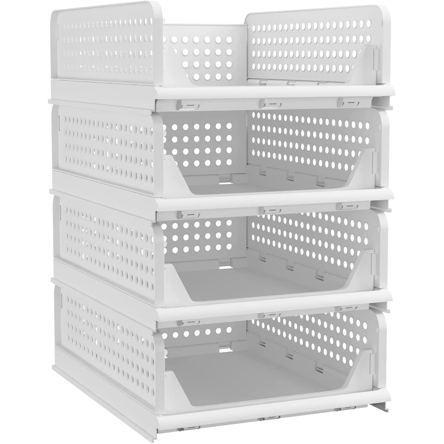 ArabestStackable Plastic Storage Basket, 4 Pack Large Foldable Closet Organizer, Stackable Drawer for Wardrobe Cabinet Kitchen Bathroom Office (White) (Style 3)