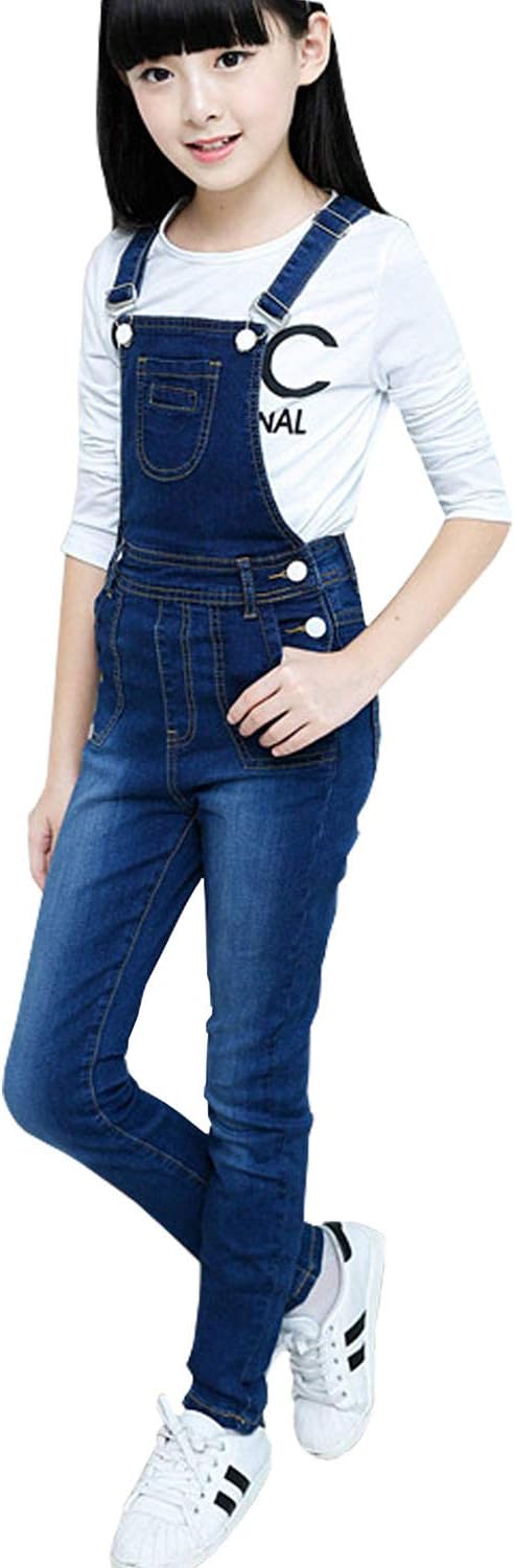 3-13 Years Big Girls Kid Adjustable Strap Long Jeans Cotton Suspender Denim Bib Overalls (Dark Blue)