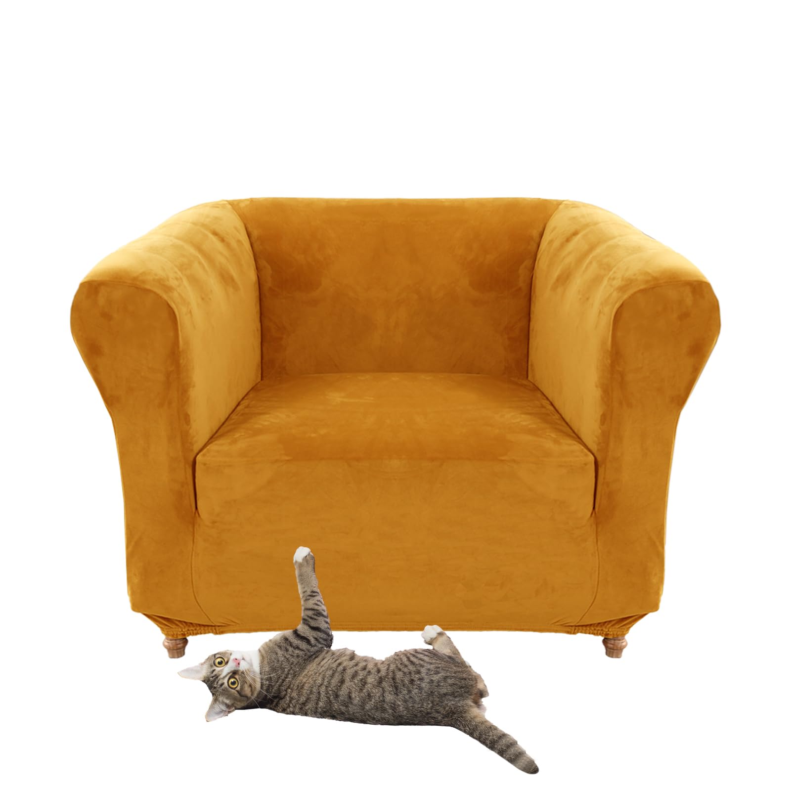 SYLC Stretch Velvet Chesterfield Sofa Cover, Couch Cover with Seat Cushion Cover for Curved Settee Armchair Vintage Style (Yellow,Chair)