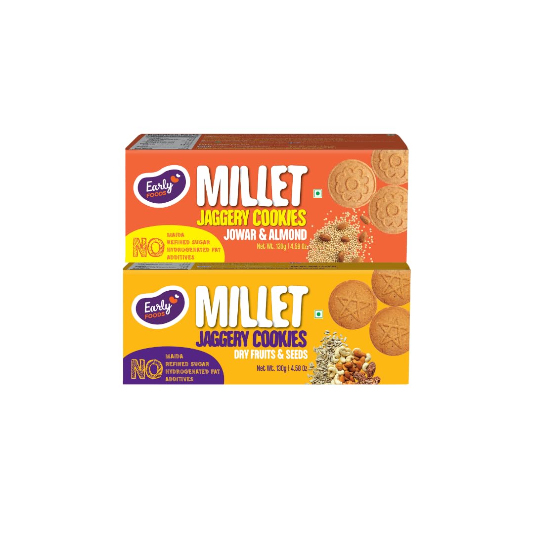 Early Foods Biscuits Combo Pack of 2 - Jowar & Dry Fruits Millet Jaggery Cookies X 2, 150g Each | Sugar Free Biscuits