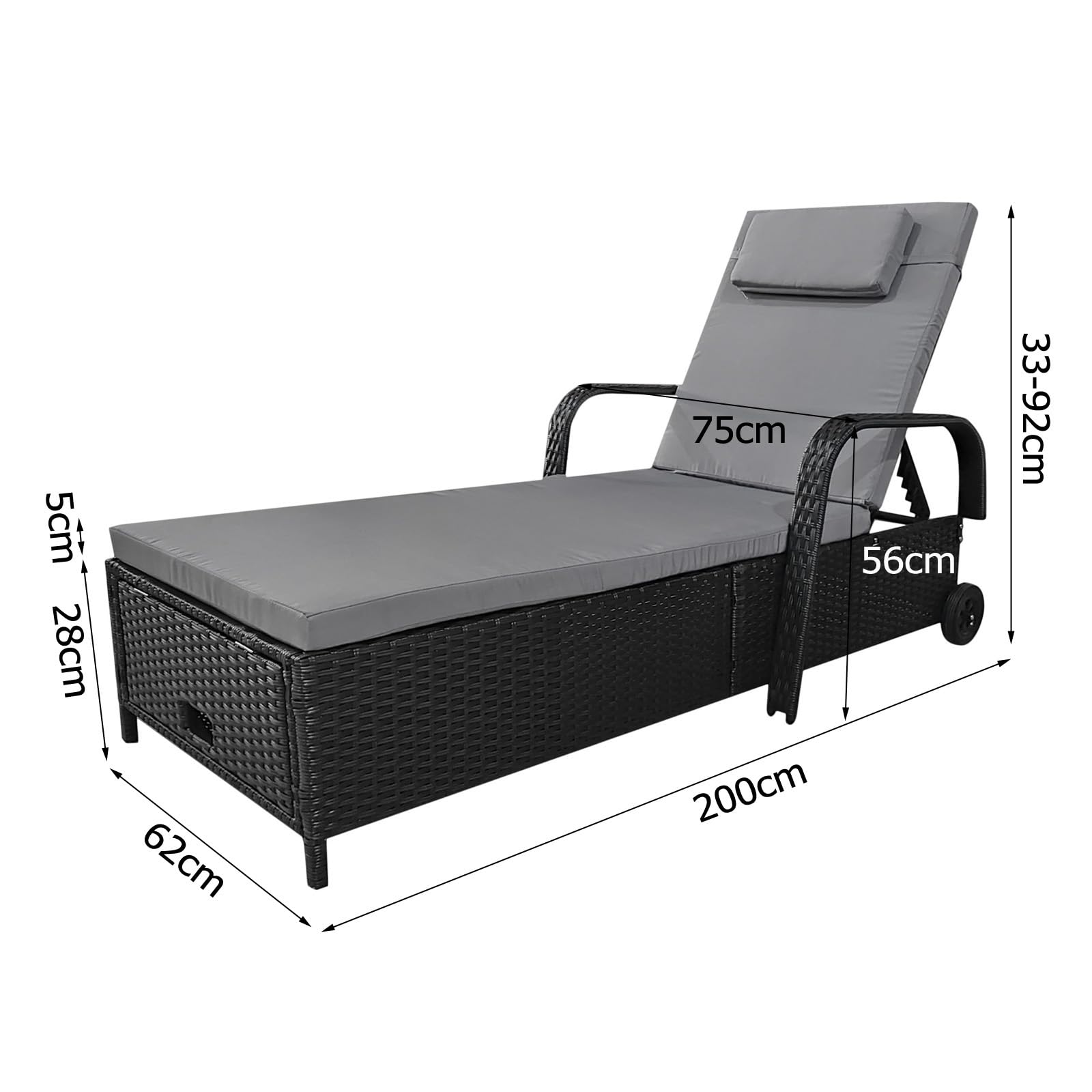 Leżak ogrodowy, leżak rattanowy z miejscem do przechowywania, odchylane oparcie, mobilny leżak z poduszkami, polirattan, metal, 200 x 75 x 30-92 cm (czarny/szary)