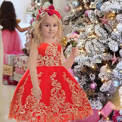 Cmmchaah Princess Girls Lace Embroidery Bow Toddler Dresses Cute Sleeveless New Year Prom Dresses For Baby (Red02,110) #TOP5