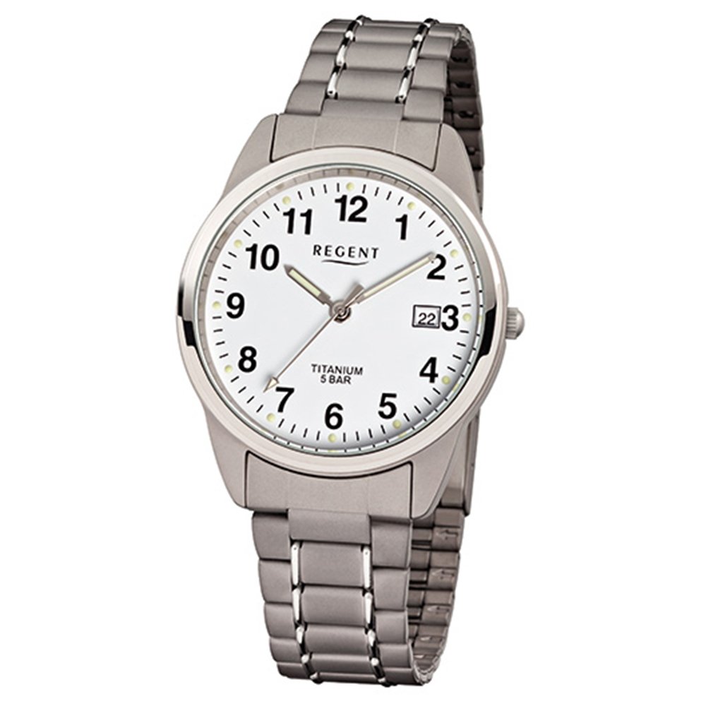 REGENT Herrenuhr mit Design Titan Glieder Armband und Titan Gehäuse 36 MM Durchmesser Quarz Arabische Zahlen Datum