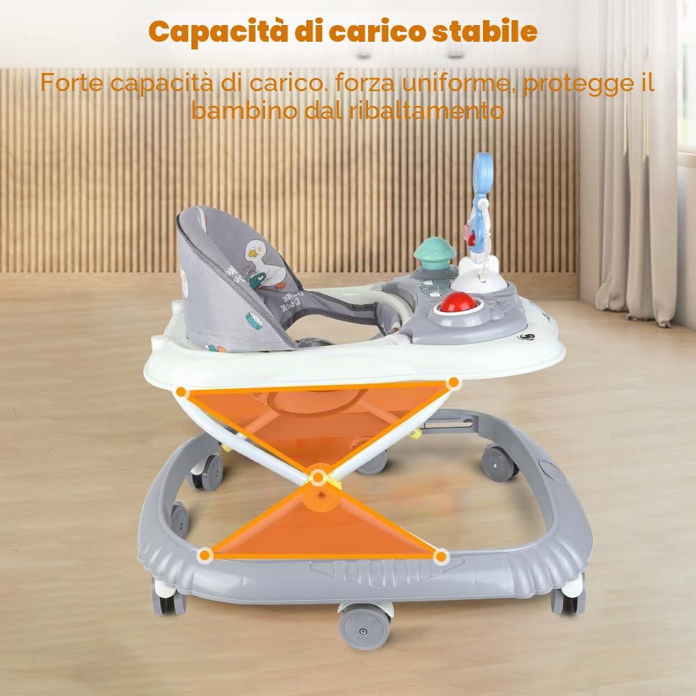 Girello per neonato, girello, pieghevole, con 4 altezza regolabile, musica + vassoio rimovibile, 6+ mesi, grigio