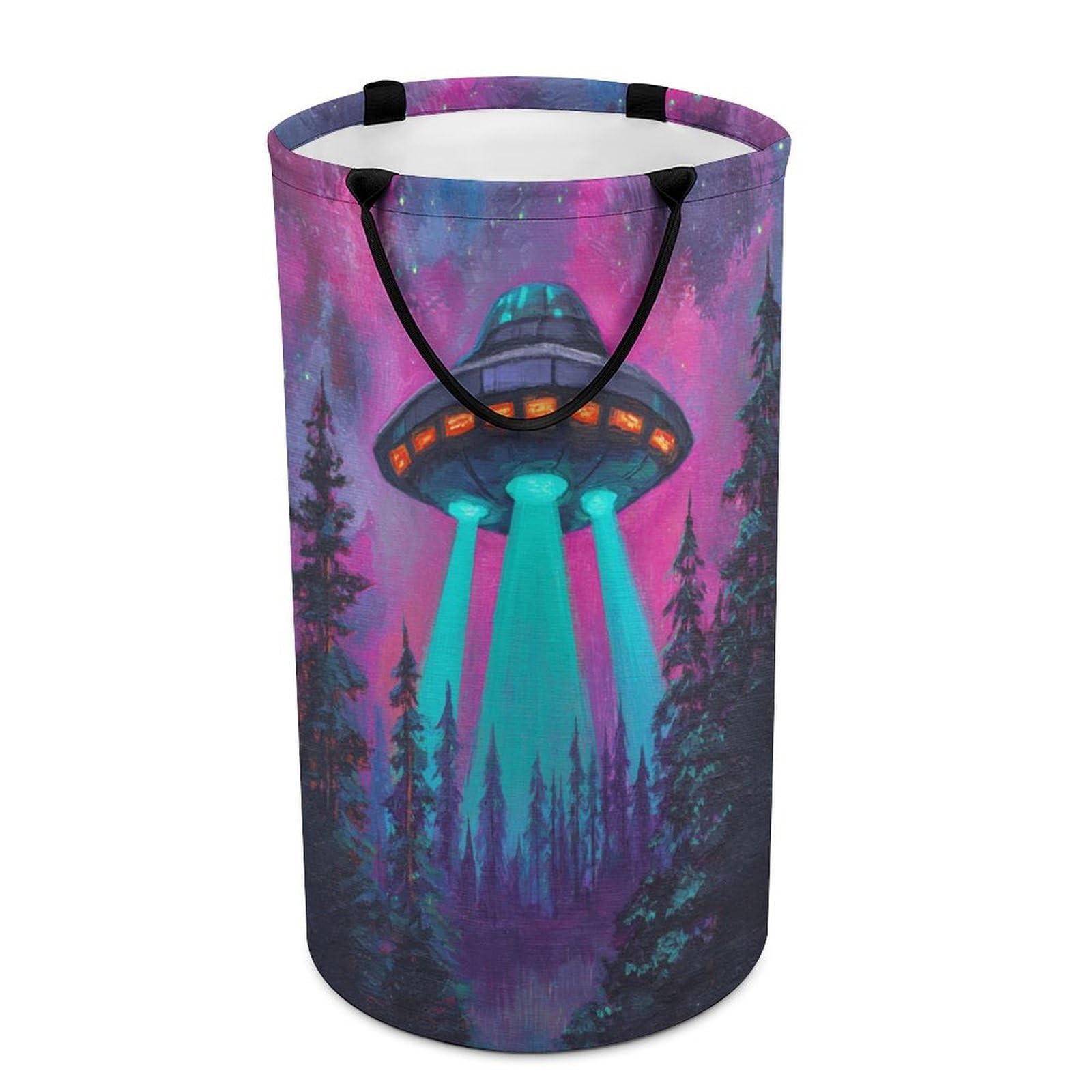 LUYYSKY Retro Watercolor Funny Spaceship Collapsible Dirty Clothes Basket, Modern Comic Starry Sky Galaxy Pine Forest UFO Portable Clothes Storage Basket