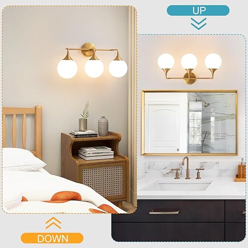 Miniatura 5 de Lámparas doradas para baño, iluminación moderna sobre espejo, aplique de pared de latón cepillado de mediados de siglo, 3 luces con pantallas de