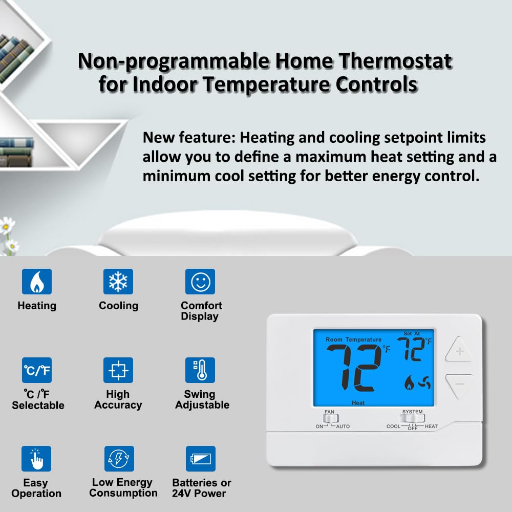 Termostato per sistemi monostadio non programmabili, 1 calore/1 freddo, facile installazione fai da te, retroilluminazione blu