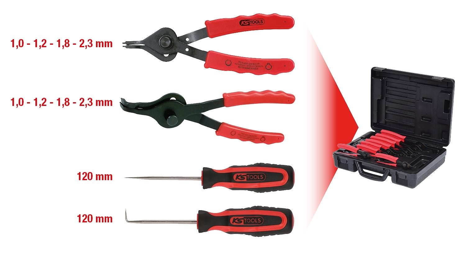 KS Tools 500.1320 Juego de alicates para anillos de seguridad universales, 10 pzs.