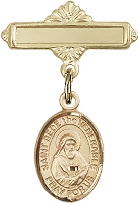 14kt Yellow Gold Baby Badge with St. Bede the Venerable Charm and Polished Badge Pin 1 X 5/8 inches
