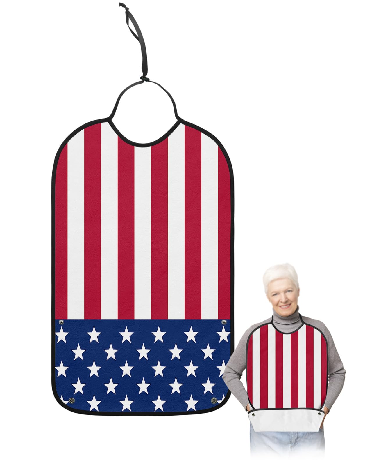 Fourth-of-July Adult Bib for Eating with Crumb Catcher,Washable & Waterproof Terry Cloth Adjustable Elderly Women Men Adult Bibs Funny Apron Clothing Protector Red Stripes Blue Stars 4th-of-July