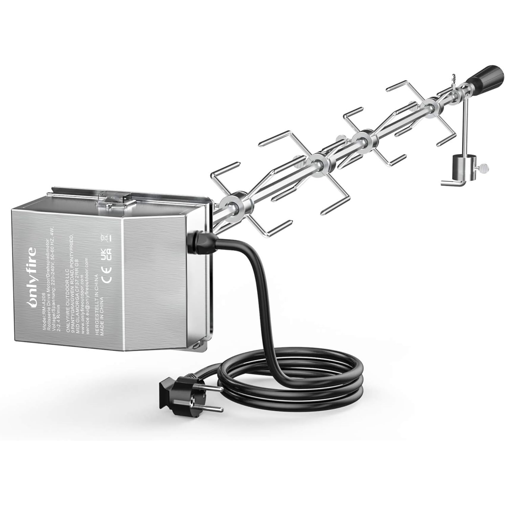 Onlyfire 120cm Universal Grillspieß Set, 220–240V | inkl. 4X Fleischnadeln und Edelstahl Motor, Drehspieß, Rotisserie, Drehspiess