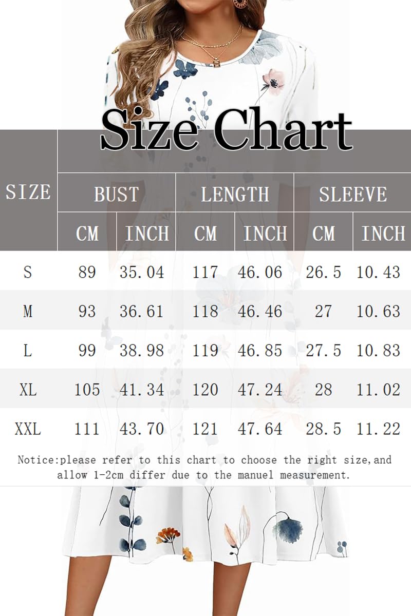 ABYOVRT Damska sukienka, luźna, letnia sukienka, długa sukienka w stylu boho, sukienka midi, okrągły dekolt, sukienka plażowa, sukienka midi, sukienka midi z kieszeniami, S-XXL