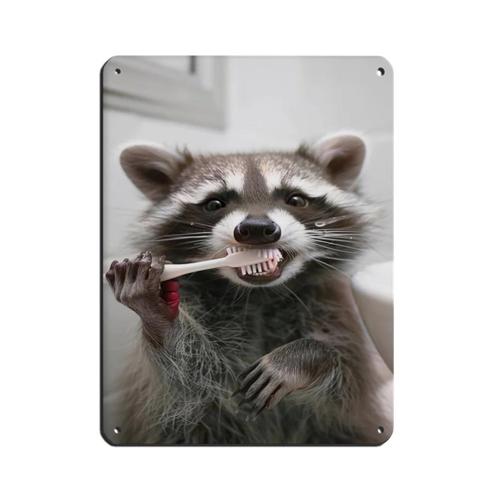 Raccoon Brushing Teeth, Hilarious Bathroom Art Retro Poster Metal Tin Sign Chic Art Retro Iron Painting Bar People Cave Cafe Family Garage Poster Wall Decoration 12x16inch(30x40cm)