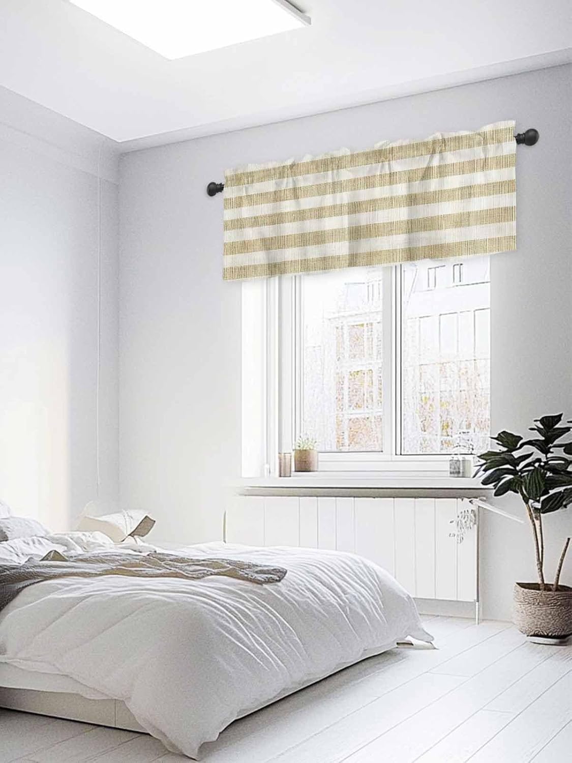Kitchen Cafe Valance Curtain for Small Windows,Retro Khaki Linen Striped Rod Pocket Short Blackout Curtains,Country Light Brown Darkening Window Treatment for Living Room Bedroom Bathroom