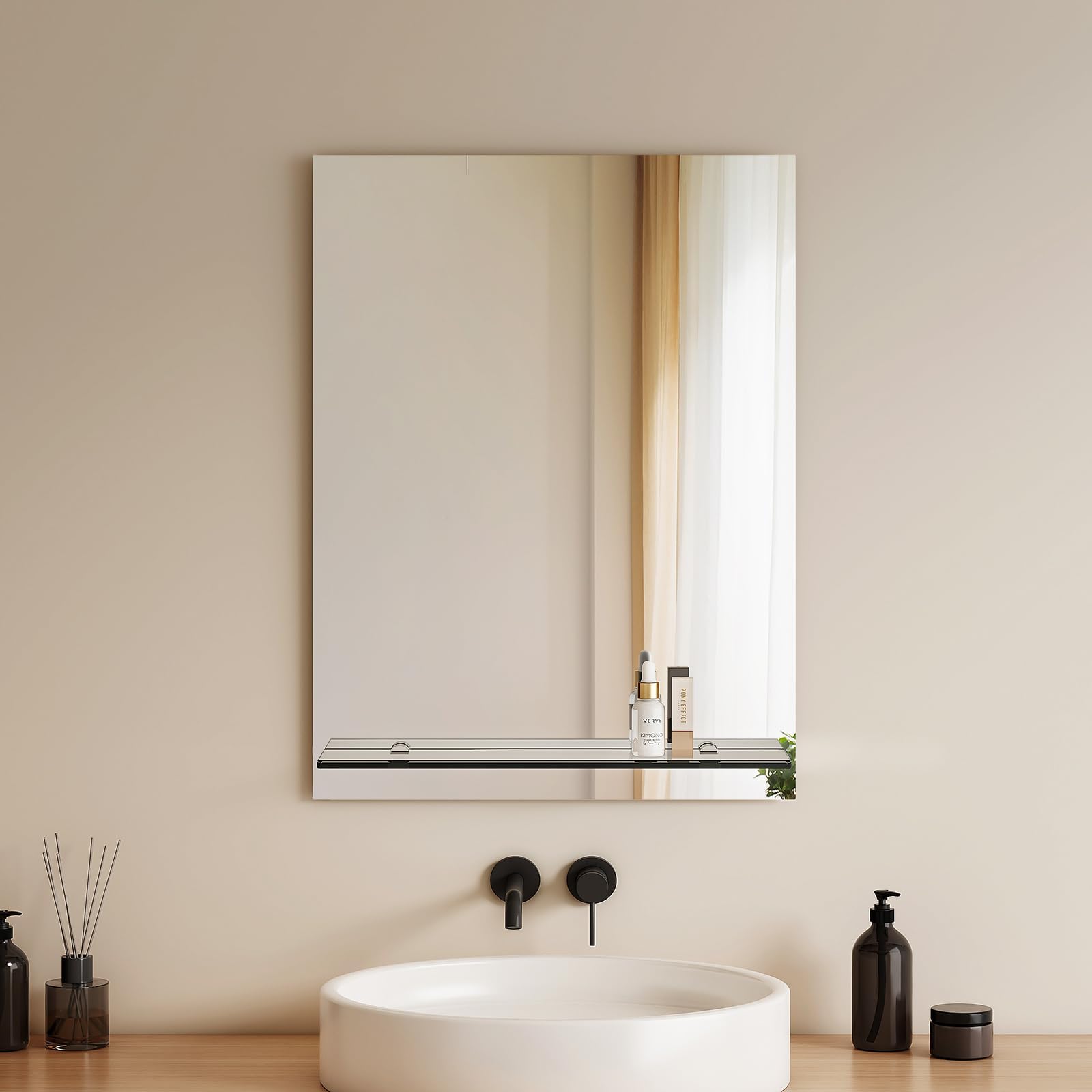 EMKE Bathroom Mirror With Shelf, 450x600mm Wall-Mounted Vanity With Storage, Frameless Lightweight for Bathroom and Living Room