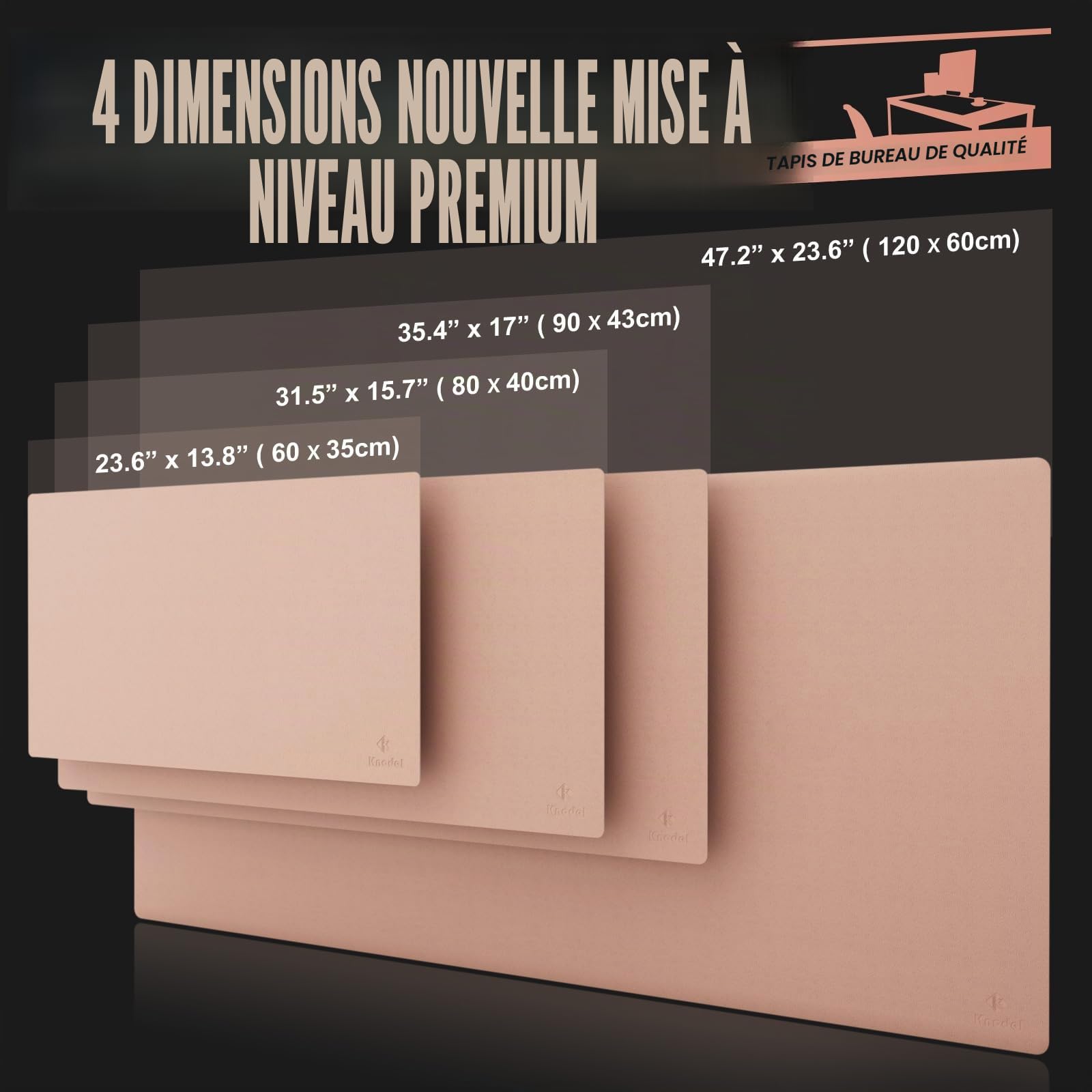 KNODEL Tapis de Bureau 40cm x 80cm Double Face Rose