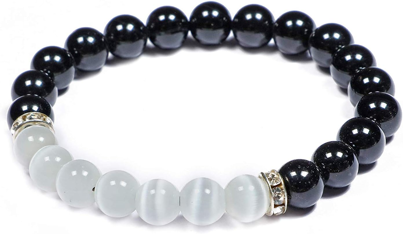 Men's/Women's Certified Crystal Selenite Black and White Tourmaline Stone Bracelet (8 mm Beads Size)