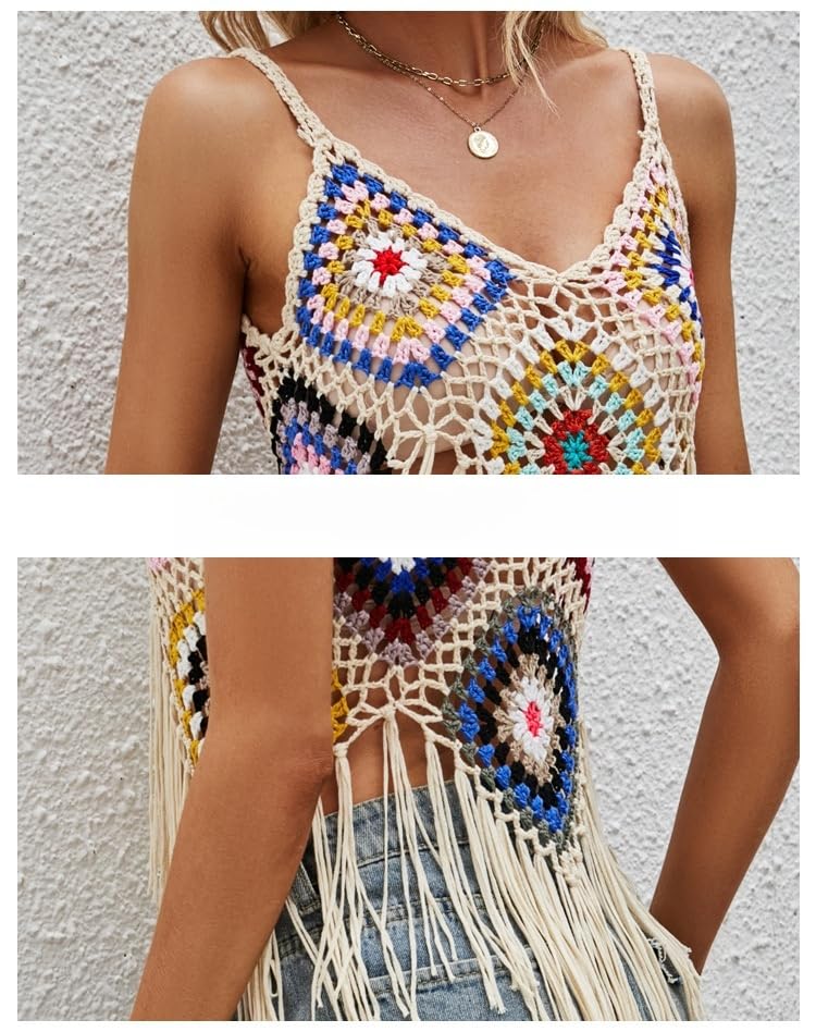 Canotta da Donna A Righe all'Uncinetto con Spalline Larghe, Colori A Contrasto, Maglia A Coste con Bottoni sul Davanti, Gilet Estivo Senza Maniche con Scollo A V E Traforato.