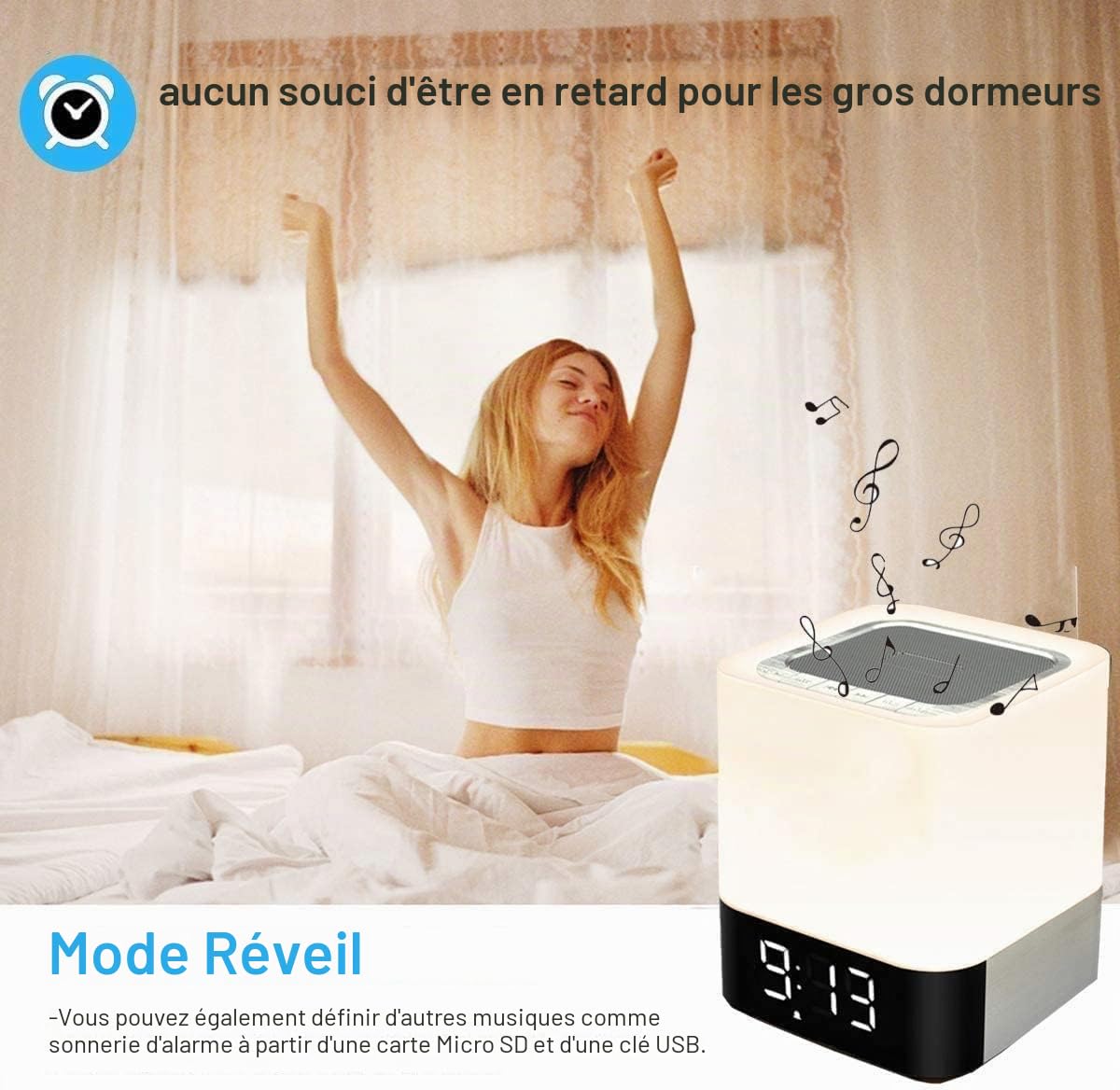 Réveil Lumineux Enceinte Bluetooth Portable 5 en 1, Lampe de Chevet Bruit Blanc Bebe, Veilleuse Multicolore Tactile