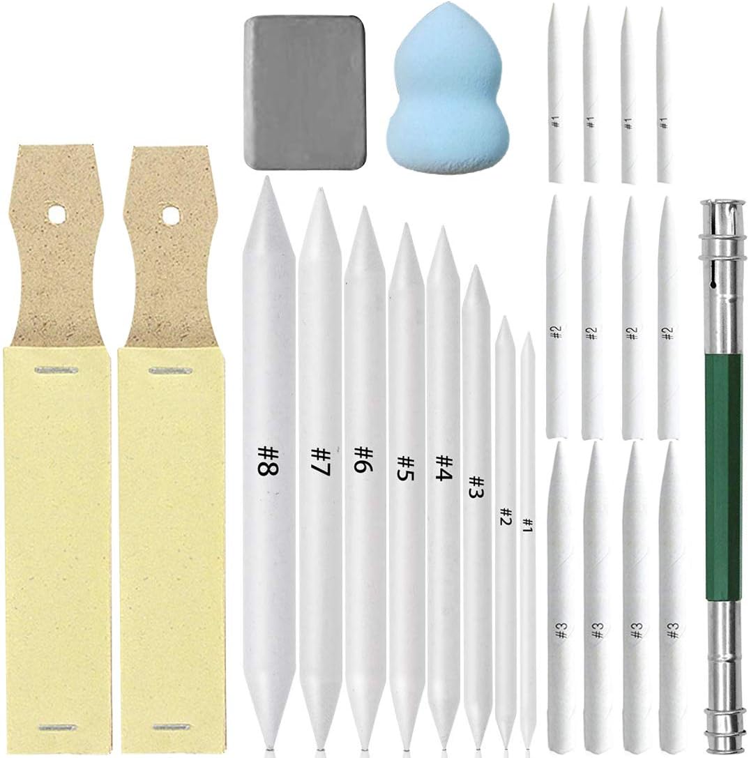 Pantinue Set of 25 Blending Stumps Tortillions Set Pieces Sandpaper Pencil Sharpener and One Pencil Extension Tool Drawing Art kneaded Erasers and Gloss Erasers for Student Sketch Drawing (White)