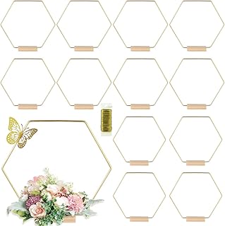 12 Pack Hexagonal Floral Hoops with Stand 14 Inch Metal Rings for DIY Centerpiece Table Decorations Crafts Macrame Ring Ho...