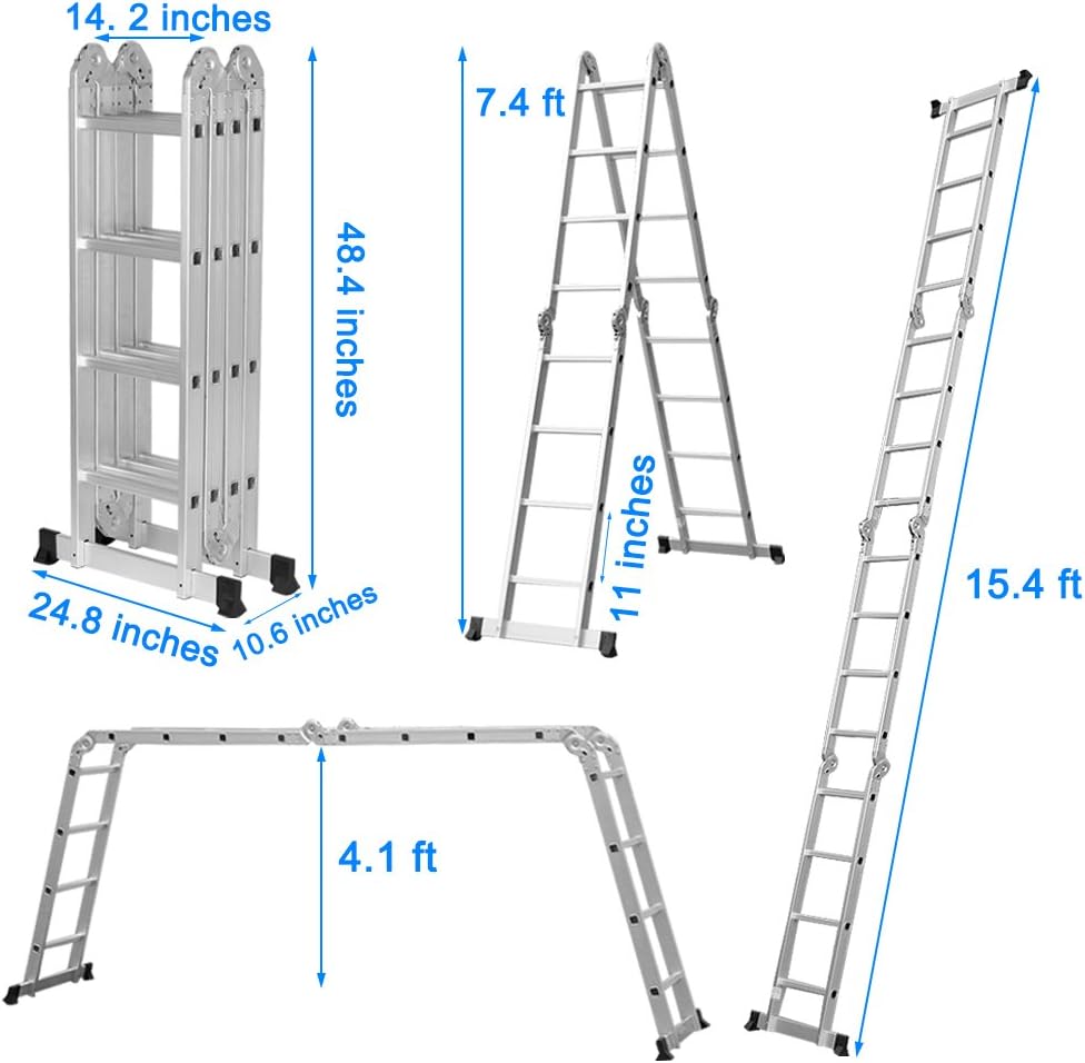 Finether 15.4ft Telescoping Ladder Multi Purpose Aluminum Extension Ladder, Folding Ladder 330lb Capacity with Safety Locking Hinges (New Non-Slip Mat and Wheels for Free)