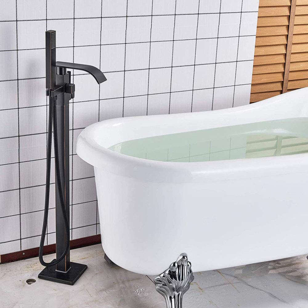SWENEEN Modern Chrome Finish Floor Mounted Faucet Tap Set With Waterfall Bath Spout Plastic Hand Shower Free Standing Bathtub,Black Bronze