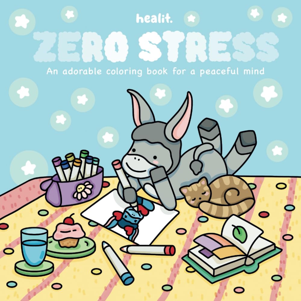 ZERO STRESS: A Cozy Adventure Coloring Book for Kids and Adults: Relax with Heartwarming Scenes of Cuddly Donkey and Friends in Peaceful Moments