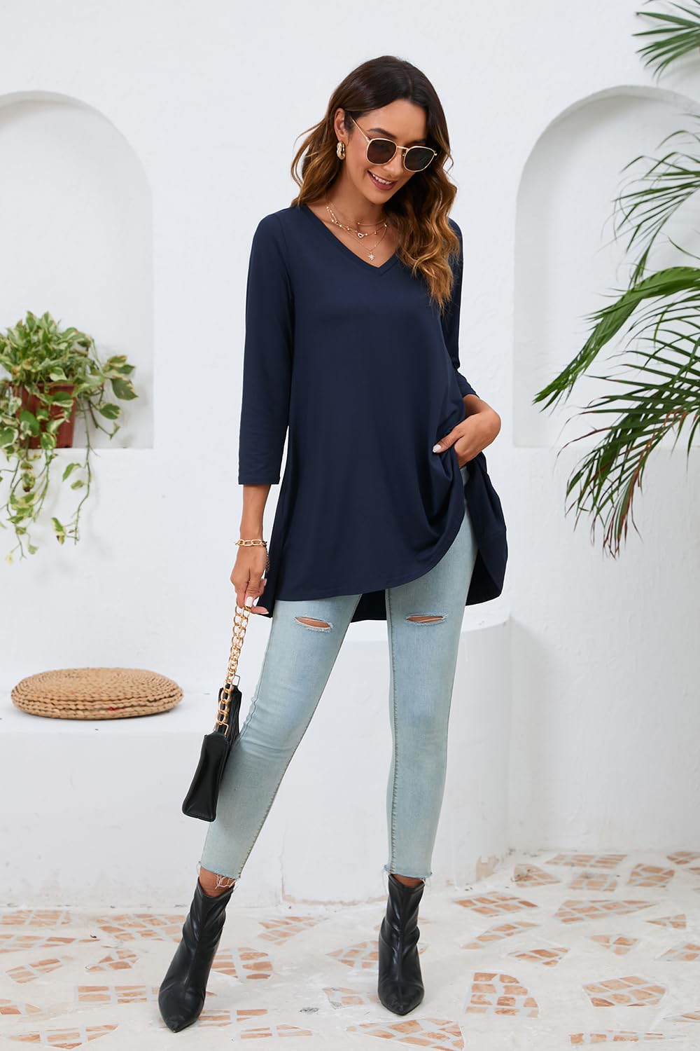 Enmain Camisa Mujer Talla Grande Túnica Blusa Cuello V 3/4 Manga Larga Elegante Cómoda Casual Sólidos/Estampadas para Túnica Mujeres