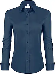 Camisa social feminina de ajuste clássico, manga comprida, com botões, sem rugas, elástica, lisa, casual, trabalho, escritório