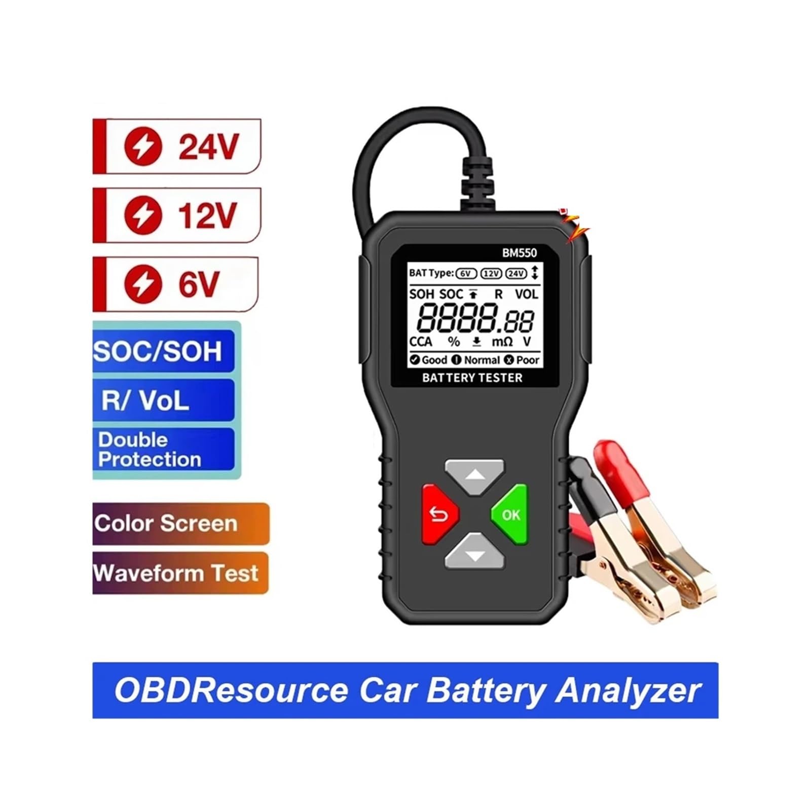 Testeur de batterie, Testeur de batterie voiture BM550 100-2000 CCA 6 V 12 24, analyseur, outil diagnostic détect automatique