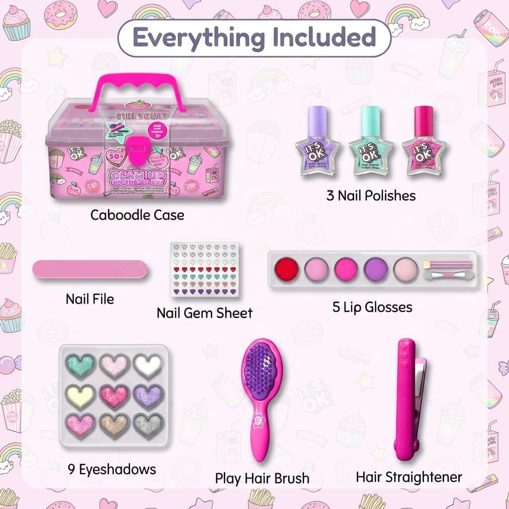My Beauty Spot Kids Makeup Kit with Caboodle Case for Girls — Safe & Real Washable Makeup Set with Nail Polish, Lip Gloss, Eyeshadow, Nail Gem Sheet, Nail File & Play Hair Tools, Ages 6+ Gifts