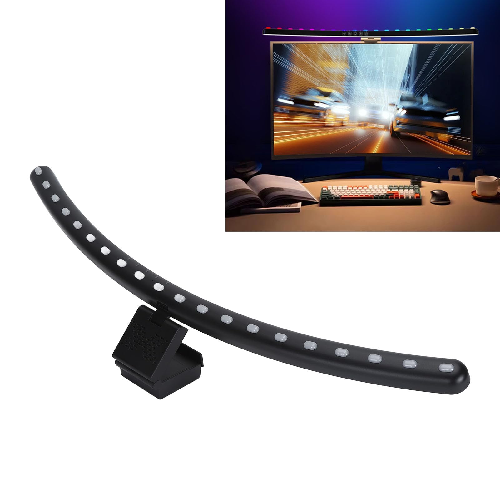 Ausla Barra di Luce per Monitor 2 in 1 RGB, Design Curvo con Retroilluminazione a 7 Colori, Sincronizzazione Musicale e Controlli Touch, per Scrivania da Gioco, Protezione per gli