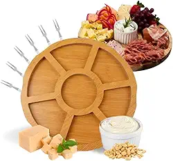 Kit Petisqueira de Madeira Redonda com Molheira Ramekin e Garfinhos para Petiscos Frios e Queijo Linha Premium M5 Armarinhos