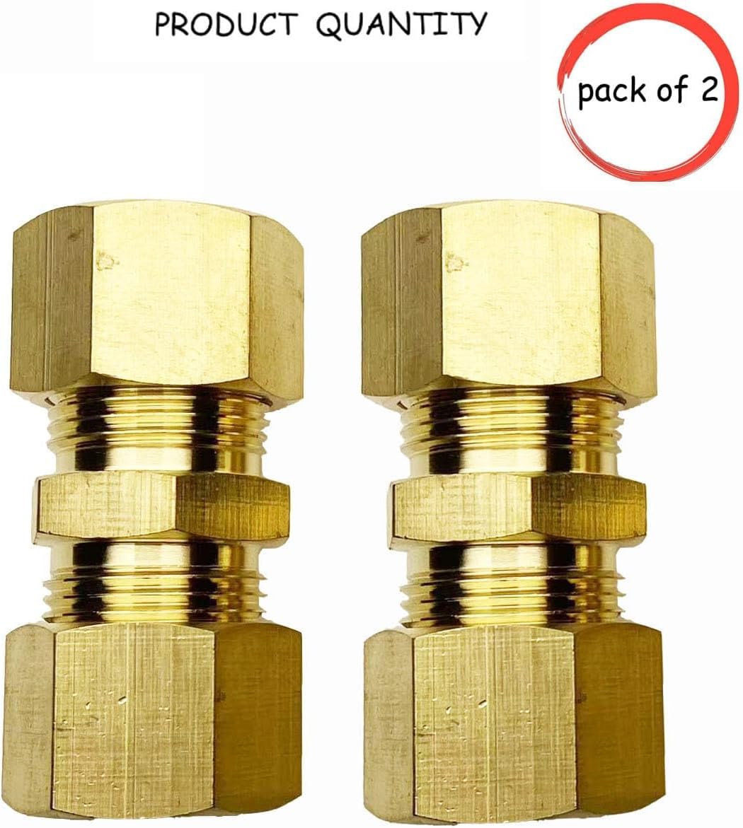 Pack of 2 Compression Union Brass Tube Fitting,1/4" Tube OD X 1/4"Compression