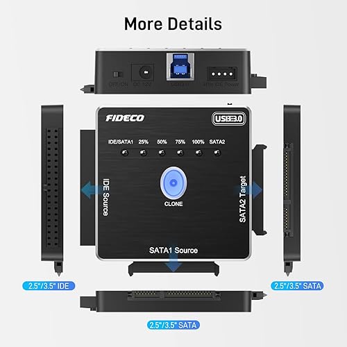 Miniatura 7 de FIDECO Adaptador SATA/IDE a USB 3.0, cable adaptador de disco duro para disco duro universal de 2.5/3.5 pulgadas IDE/SATA HDD externo SSD,