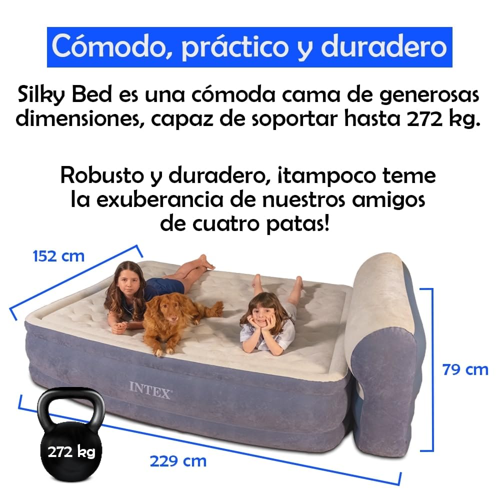 Silky Bed Cama Hinchable Doble 229x152x79 cm – Autoinflable con Bomba Eléctrica Integrada, Comodidad Ergonómica, Cabecero Alto y Bolsa de Transporte – Visto en TV