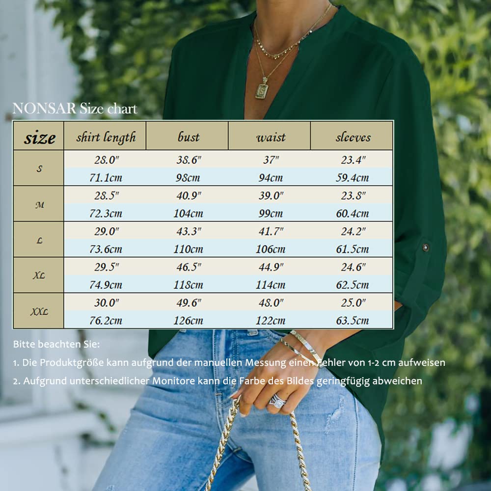 NONSAR Camicetta da donna Henley, elegante, con scollo a V, maniche arrotolabili, in stile casual