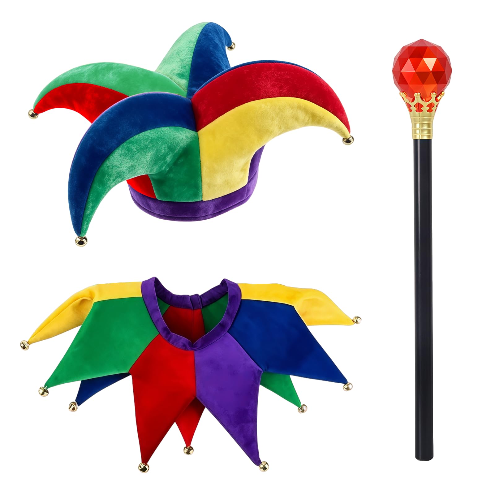 Lezevn 3 Pieces Royal Jester Dress-Up Kit Jester Hat Collar Gold & Red Gemstone Scepter Clown Costume Accessories for Medieval Themed Parties